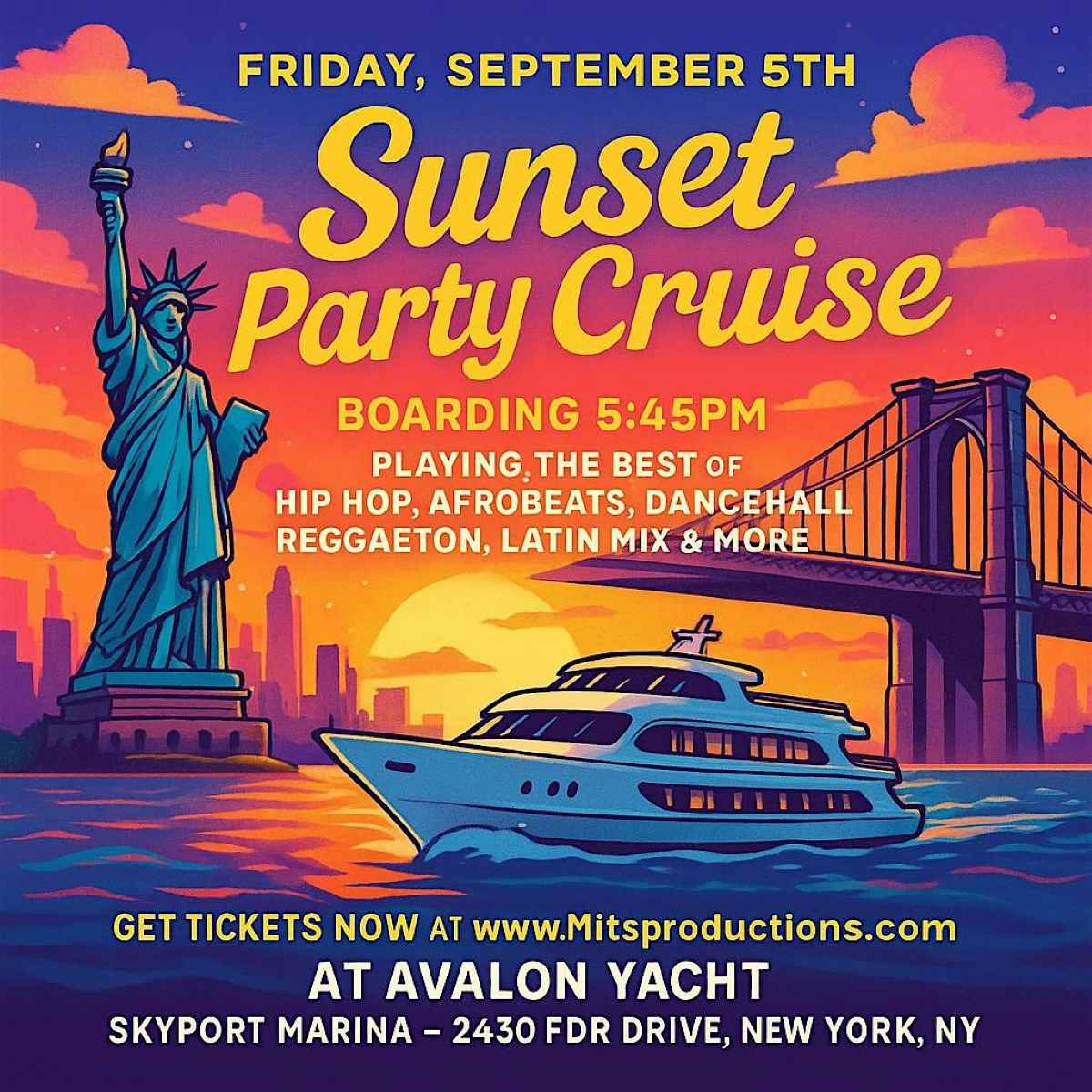 Sunset Party Cruise NYC – Friday, September 5th Aboard Avalon Yacht